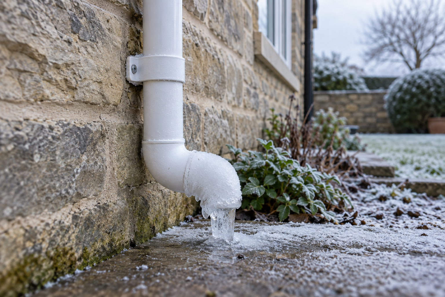 Frost and ice around an exterior boiler condensate pipe