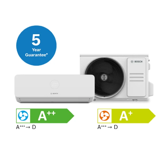 Bosch Climate 3200i indoor and outdoor units with A++ cooling and A+ heating labels and a five-year guarantee badge