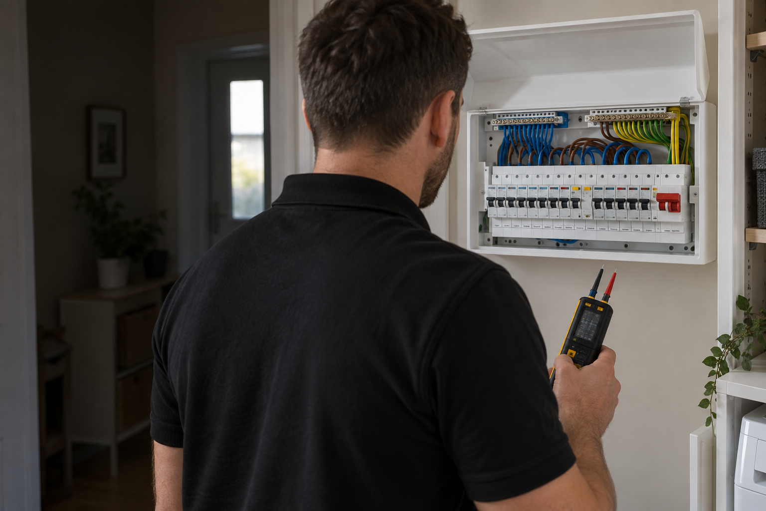An electrician in a black polo shirt inspecting an open domestic consumer unit, seen over the shoulder