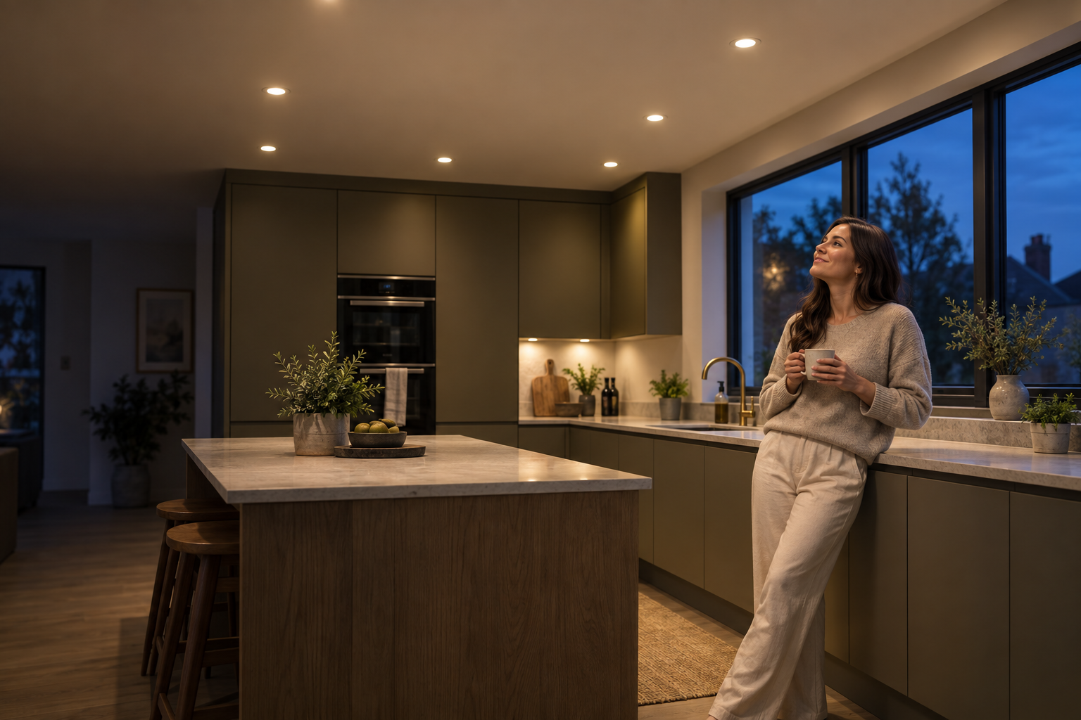 A woman holding a coffee and looking up at illuminated LED ceiling spotlights in a contemporary kitchen at dusk