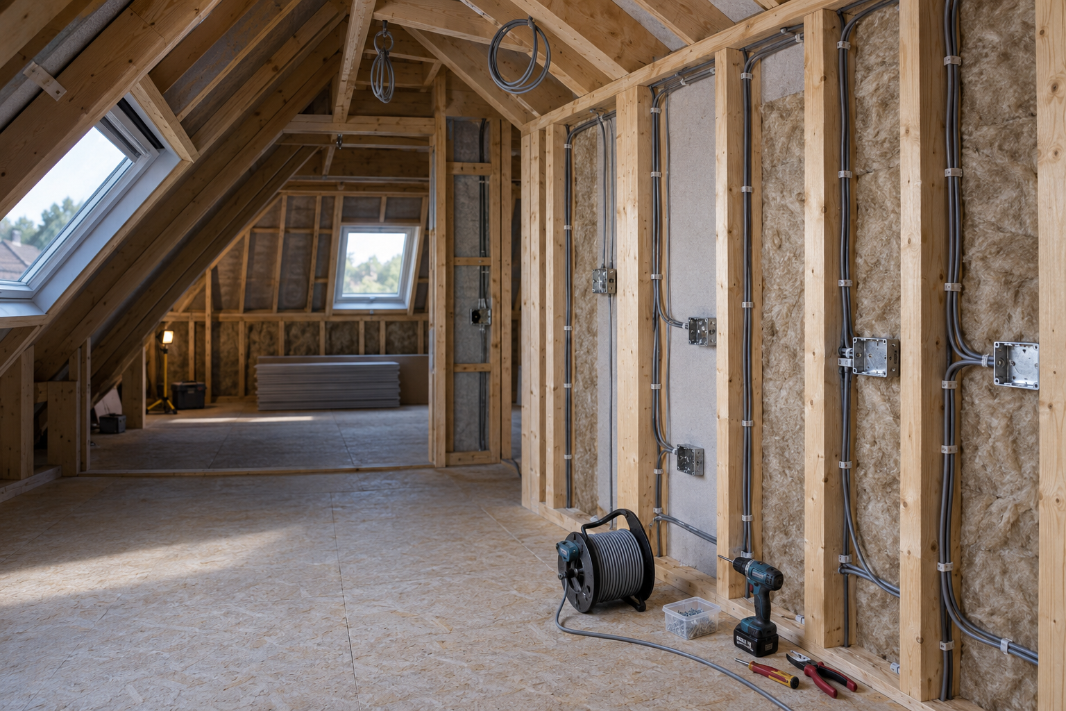 Neatly routed electrical wiring exposed between timber studs in a UK loft conversion under construction