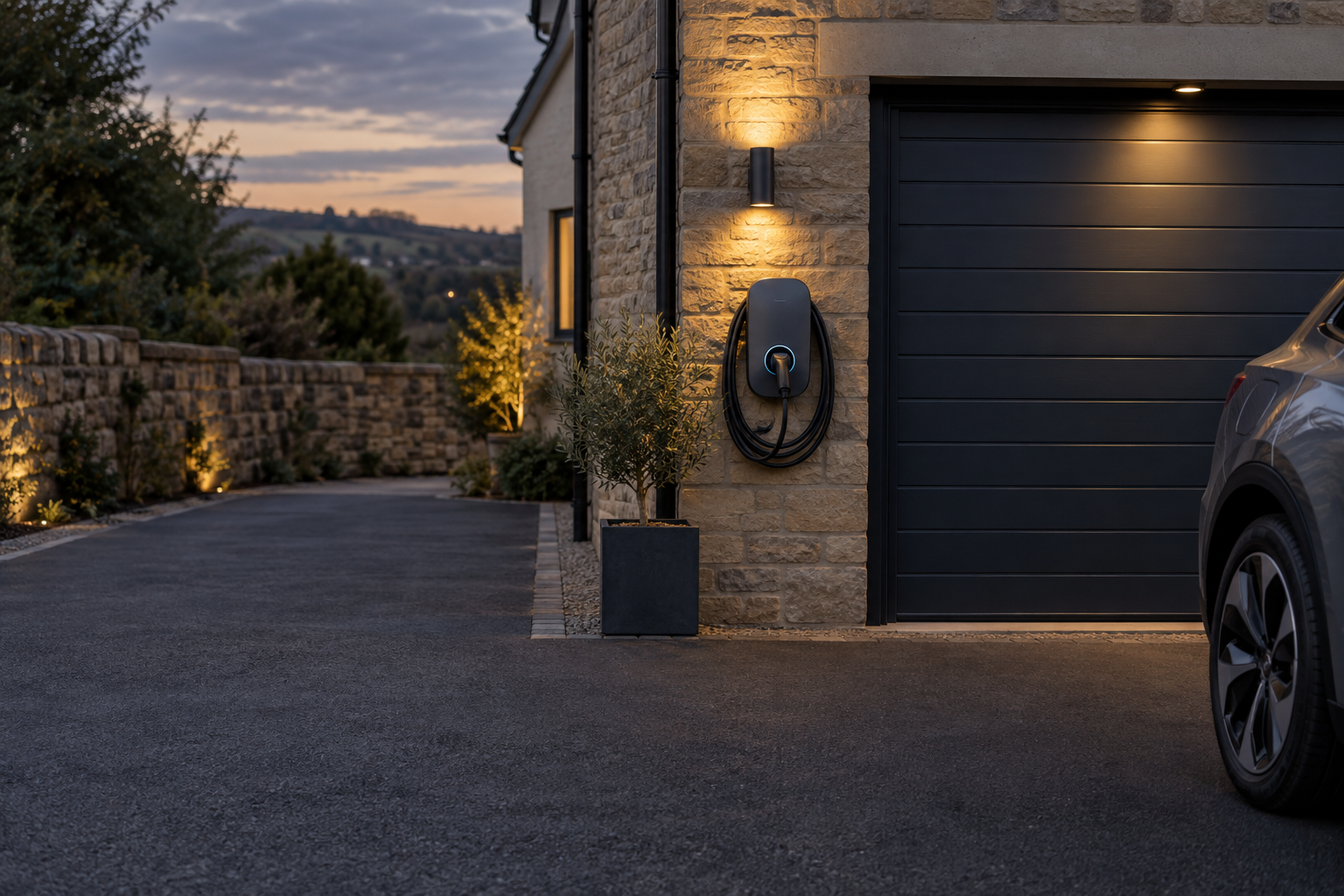 An electric vehicle charging beside a home