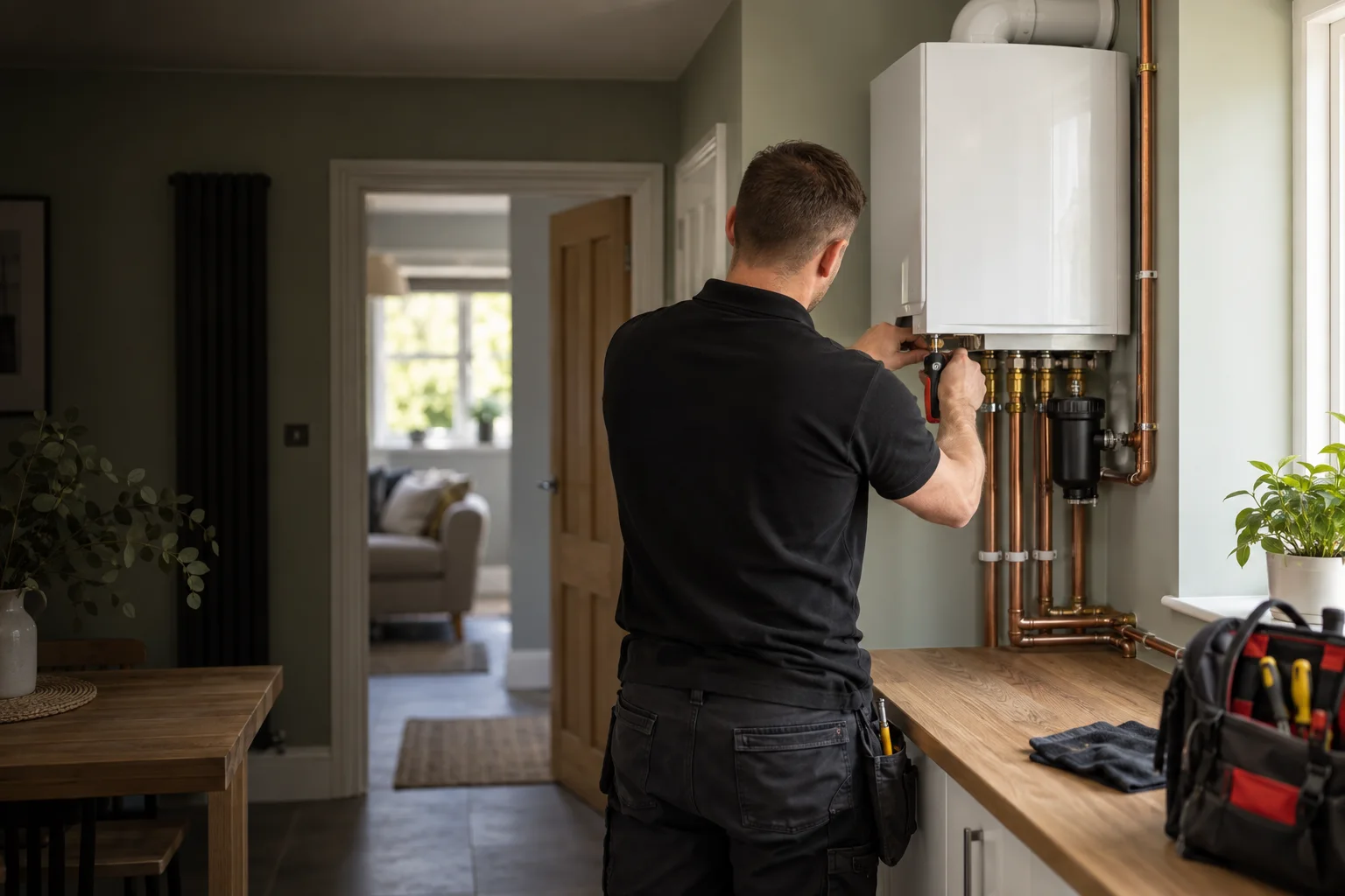 An engineer installing a boiler in a home
