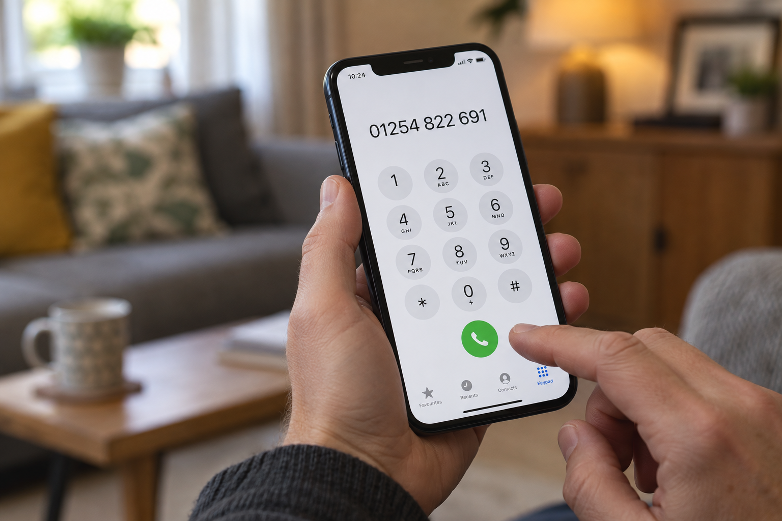 A person holding a mobile phone with Calder Services’ number ready to call