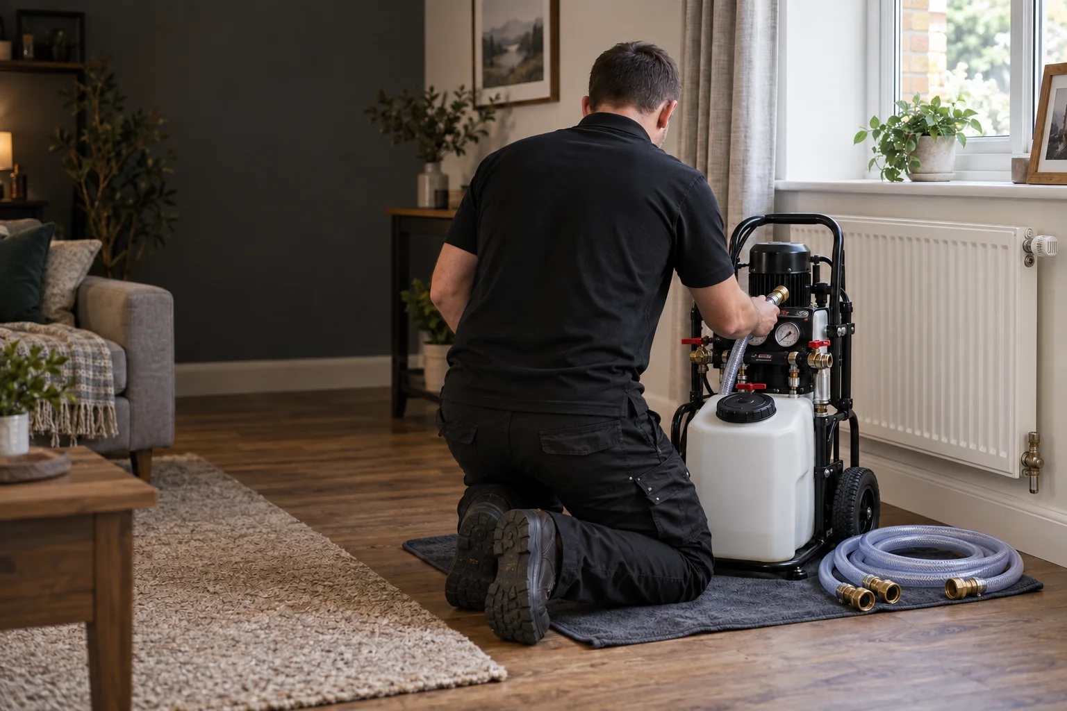 A heating engineer in a black polo shirt preparing power-flushing equipment beside a radiator, seen over the shoulder