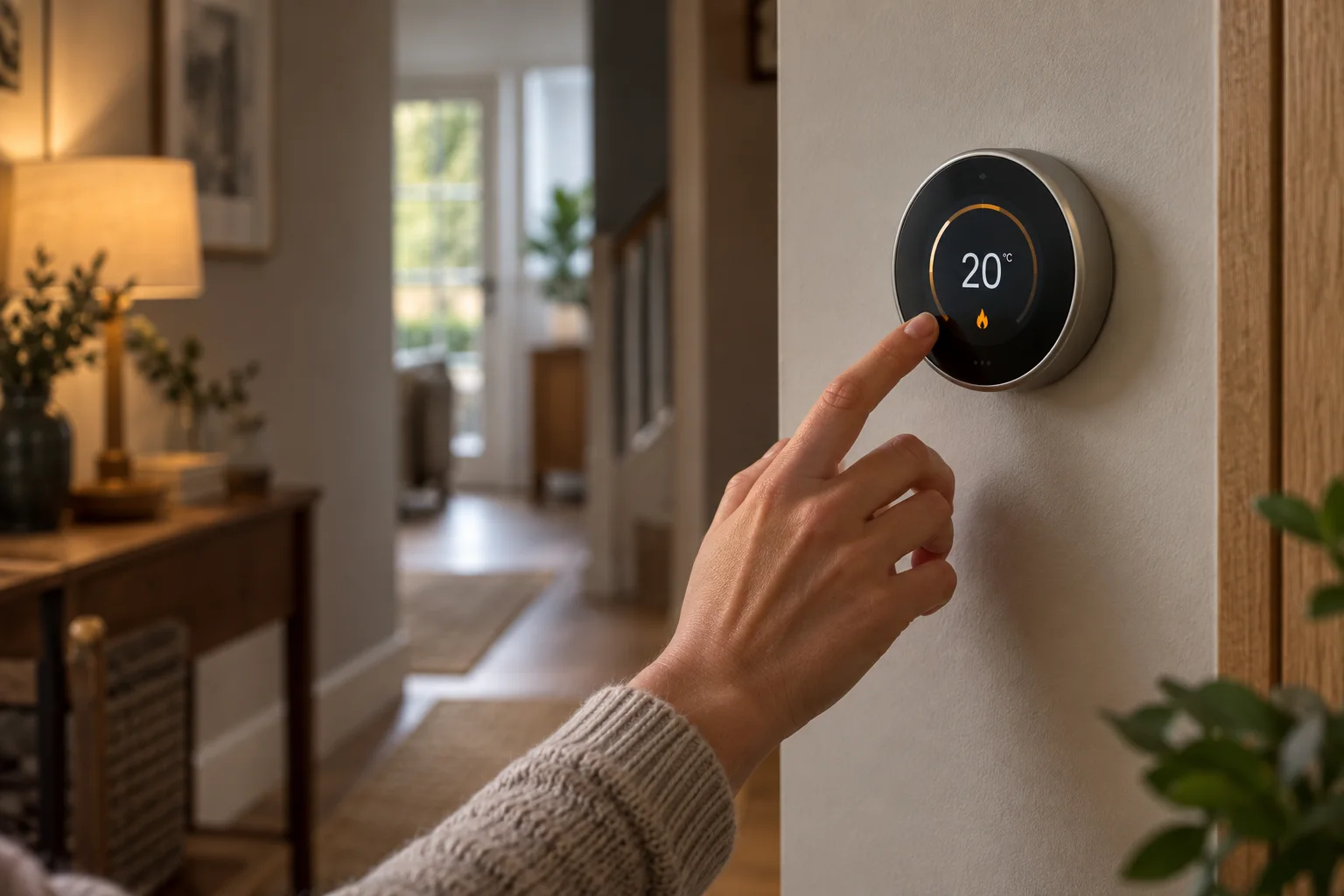 A hand adjusting a modern heating control