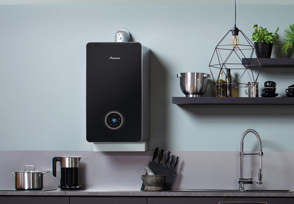 A black Worcester Bosch boiler installed in a contemporary kitchen