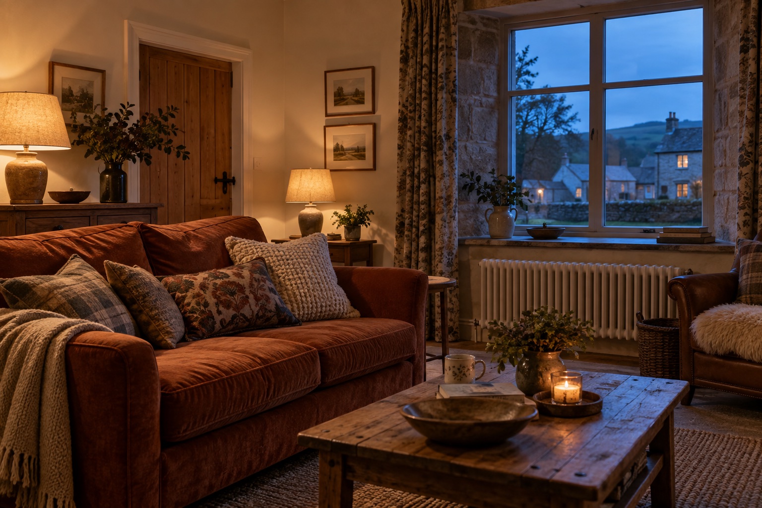 A softly lit sitting room with a view of stone-built homes at dusk
