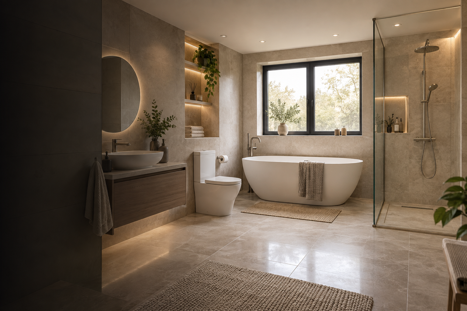 A contemporary bathroom with a bath, shower, basin and toilet