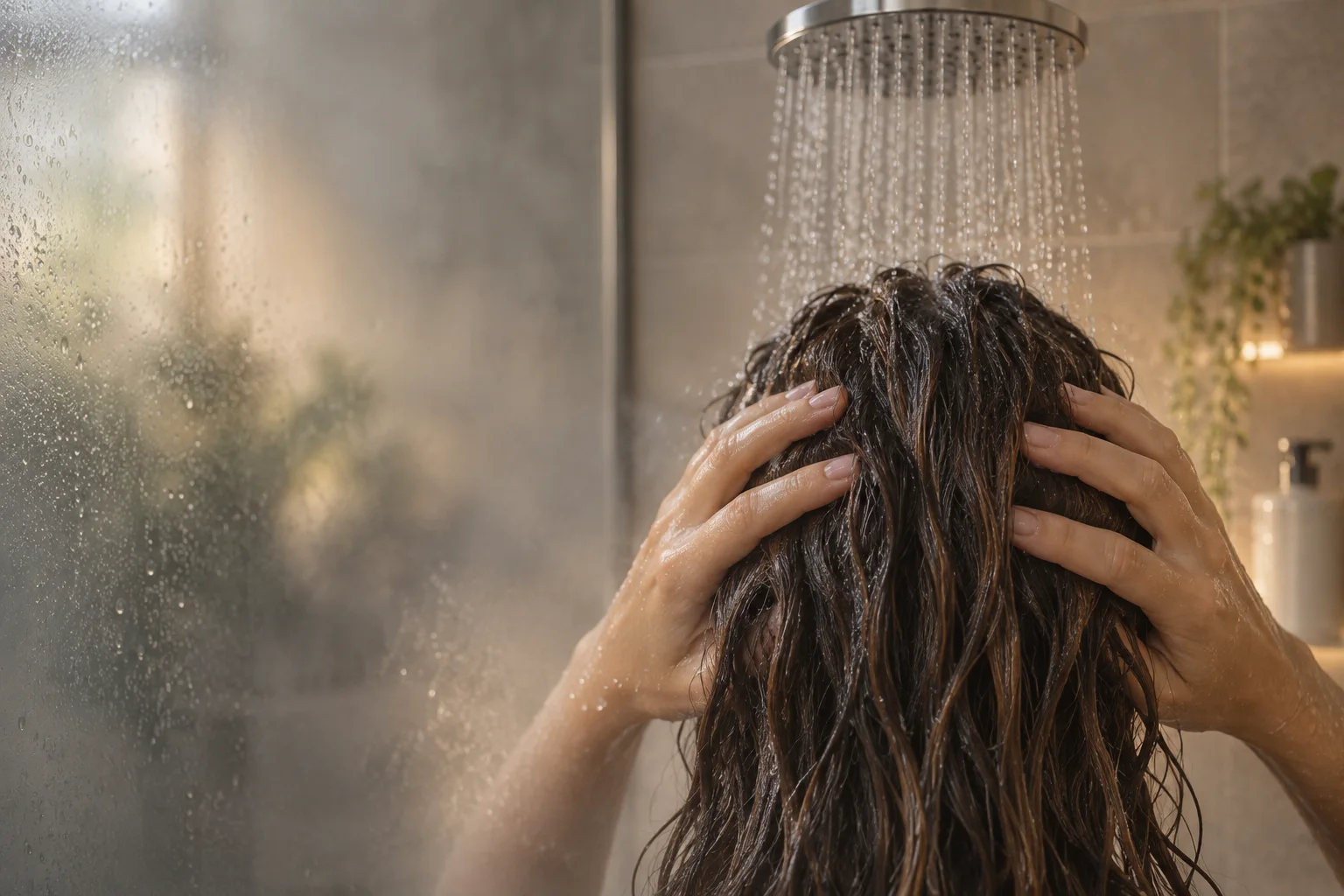 The back of a woman’s wet hair and her hands beneath a shower in a steamy bathroom