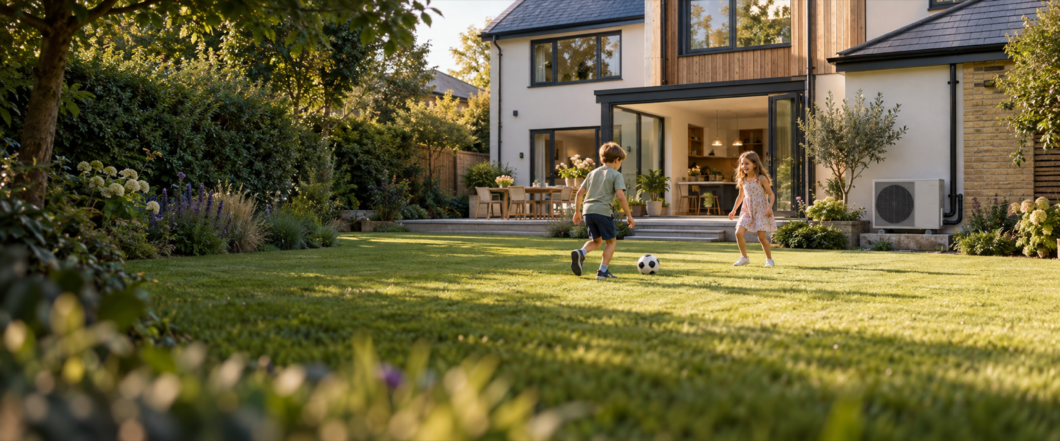Children playing football in a garden with a discreet air-source heat pump installed beside the family home