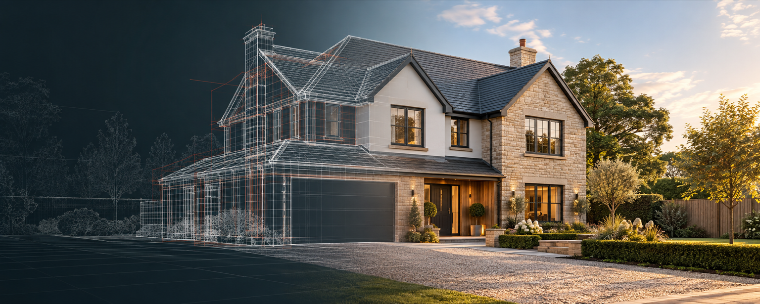 A modern family home transitioning from a three-dimensional architectural wireframe into the completed building