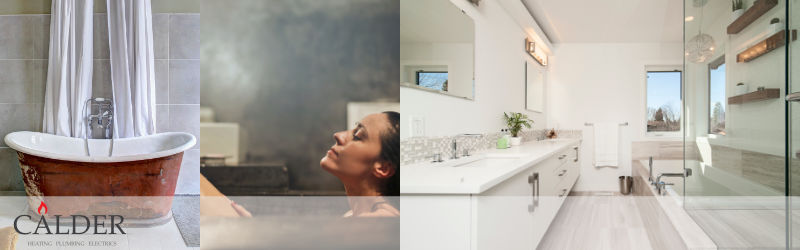 Picture showing a copper bathtub and lacy bathing and a modern bathroom