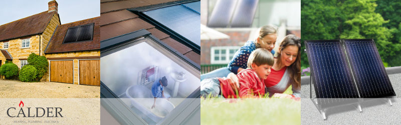 Picture showing solar panels on the roof of a house, heat efficient glass windows, a family lying on a lawn with solar panels in the background and a pair of solar panels